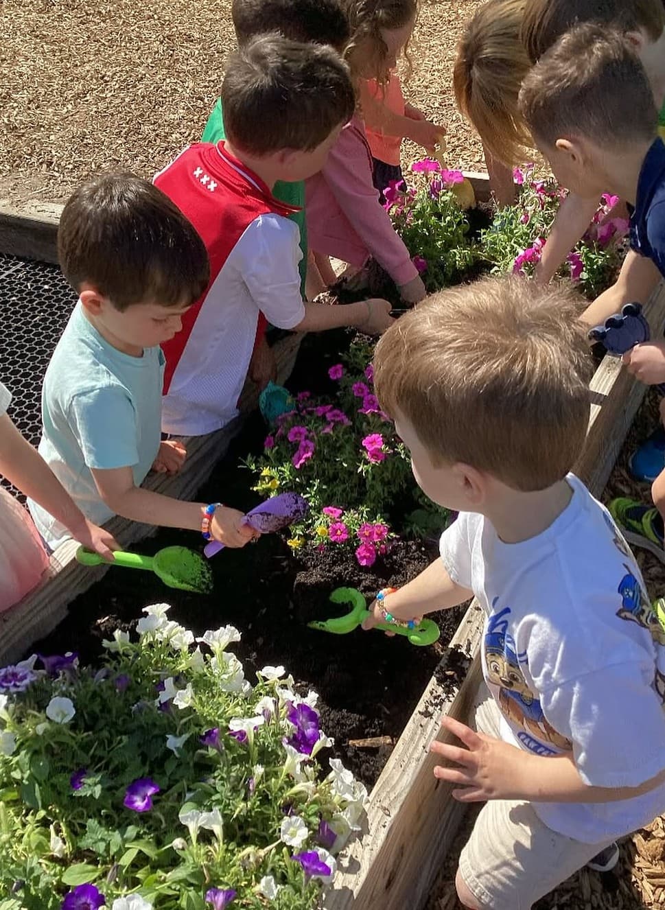 Children participating in community service and gardening activities